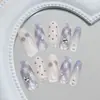 Xadrez azul-roxo com bolinhas e cerejas, pedras de strass empilhadas, gradiente, estilo temperamental de menina, estilo europeu e americano, unhas vestíveis removíveis, 30 peças