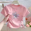 Camiseta Manga Curta 100% Algodão Puro para Meninas, Novo Estilo de Verão, Peça Versátil para Crianças, Camada Base Estilosa para Bebês e Crianças Pequenas