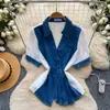 Camisa Jeans Patchwork Estilo Preguiçoso Estilo Comuter para Mulheres, Verão Estilo Coreano Manga Curta Afunilada na Cintura Top de Design Maduro Nicho