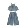 Conjunto de Dos Piezas de Verano para Niña 2026 Moda y Estilo Bordado Floral Top tipo Camisola y Pantalones Ligeros de Pierna Ancha