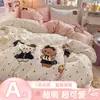 Xiaohongshu Mais Vendido Conjunto de Quatro Peças de Gaze Enrugada Bordada Conjunto de Três Peças Amigo da Pele para Dormitório Estudantil Capa de Edredom Individual Desenho Animado Atacado
