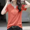 Camiseta de Manga Curta para Mulheres com Decote V, Caimento Solto e Efeito Emagrecedor, Estilo Coreano Verão 2026 Tamanho Grande Cor Sólida Simples Top de Meia Manga