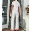 2027 Nuevo Conjunto de Pijama con Estampado de Corazón de Comercio Exterior para Mujer Dulce Solapa de Encaje Pantalón Largo Ropa de Casa Conjunto de Dos Piezas
