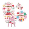 Pastel de Cumpleaños con Globos de Colores Tema Fiesta Platos de Papel Desechables Servilletas Vasos de Papel Cubiertos Tenedor Cuchara Suministros para Fiesta
