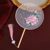Leque Redondo Bordado Chinês Leque Estilo Antigo Bordado Su Leque Feminino Cabo Longo Leque de Dança com Franja Leque de Palácio Hanfu Leque Redondo Cheongsam