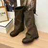 Botas de cano alto botas de cano até o joelho 2026 com cadarço botas longas não de sola grossa retrô homens e mulheres salto grosso cano caído tamanho grande calças preto