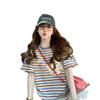Camiseta de Algodón Puro con Parches de Encaje Rayado de Alta Resistencia para Mujer, Top Holgado de Moda Estilo Europeo Oversize que Cubre el Vientre