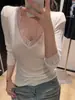 Top de punto blanco con encaje de patchwork estilo coreano, cuello en V, manga larga para mujer, una pieza de otoño única y hermosa para superponer que estiliza y favorece.