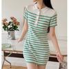 Vestido Azul Elegante Francés de Gama Alta Slim a Rayas Polo de Manga Corta Verano 2023 Nuevo Estilo