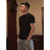 Camiseta Masculina de Verão para Fitness Reveladora de Músculos Peso Pesado Cor Preto Puro Casual Manga Curta Ombro Direito Gola Redonda Pequena Americana Meia-Manga