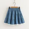 5921 Falda Mini de Mezclilla Desgastada con Parches de Tres Capas y Ribete de Encaje Tencel Ropa para Mujer al por Mayor