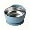 Amazon tazón de silicona con ventosa para bebé y palillos con recipiente interior de acero inoxidable desmontable, utensilios de alimentación para comida de bebé al por mayor