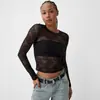 Amazon Transfronterizo Europeo y Americano Nueva Camiseta Básica de Mujer Transparente Sexy Cuello Redondo Ajustada Color Sólido Manga Larga Top de Encaje