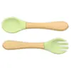 Talheres Benhaida para mães e bebês, conjunto de garfo e colher de silicone, colher de alimentação infantil, garfo, garfo e colher de silicone com cabo de madeira