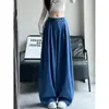 Calça de trabalho azul de perna larga para mulheres, novo modelo outono 2026, cintura alta, modeladora, calça casual curva estilosa para baixinhas