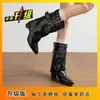Botas de Calça Bico Fino Salto Bloco Botas de Cowboy Ocidentais 2026 Novo Estilo Emagrecedoras Outono Meia-Panturrilha Botas de Cavaleiro Fivela de Cinto