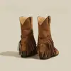 Botas de Cuero Marrón con Suela Gruesa y Flecos para Mujer 2026 Primavera/Otoño Nuevas Aumentan Altura Botas Vaqueras Retro Viaje al Noroeste Lejano Botines de Tacón Grueso