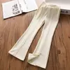 Calça de Seda Gelada para Meninas Verão 2025 Nova Calça Wide-Leg Média e Grande Efeito Emagrecedor Calça Flare com Fenda Calça Anti-Mosquito Infantil para Mulheres