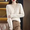 Cardigã vazado puro de caimento solto, blusa de tricô fina com decote V, nova peça de outer wear feminina plus size