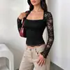 Amazon Europa América 2026 Outono Nova Camiseta Curta Feminina Transparente de Renda com Gola Quadrada Manga Longa