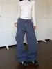 Pantalones cargo azules de trabajo franceses transfronterizos, pantalones rectos de carga multibolsillo retro americanos para hombre, jeans de pierna ancha lavados y desgastados de alta costura