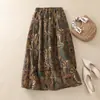 2026 Toma Real Invierno Nuevo Retro Artístico Estampado Algodón Lino Acolchado Cintura Elástica Cálido Engrosado Longitud Media Falda de Algodón