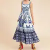 2026 Comercio Exterior Transfronterizo Europeo Ropa de Mujer Otoño Nuevo Estilo Vacaciones Falda Larga Casual Playa Estampado Vestido de Tirantes Finos
