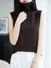 Elegante top de punto de lana fina sin mangas de cuello alto para mujer, chaleco base brillante versátil para capas