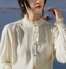 Camisa casual elegante francesa con cuello mao 2024 Nueva retro suave elegante diseño de oreja de madera moderna para ir al trabajo