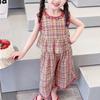 Conjunto de Roupa para Meninas em Estilo Chanel com Blusa de Renda Xadrez e Calça Longa, Conjunto de Duas Peças, Tamanho 26, Nova Moda Verão, Roupa Infantil de Comércio Exterior, Atacado