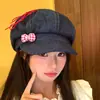 Boina jeans com laço estilo japonês para mulheres, chapéu octogonal fofo e doce em formato de nuvem estilo coreano, chapéu de artista versátil e que afina o rosto