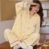 Pijama de Algodão Imitado para Mulheres, Manga Longa e Calça Longa, Cardigã para Primavera e Outono, Estilo Casual Simples de Alta Qualidade, Conjunto de Pijama Plus Size para Mulheres