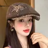 Chapéu de Boina Estrela Estampa de Leopardo Retro Feminino Novo Estilo Outono Início Moda Versátil Emagrecimento Facial Chapéu de Boina Chapéu de Boina de Jovem Quente