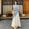 Chubby girl Nuevo estilo chino Azul Falso de dos piezas Jacquard Mejorado Cheongsam Costura Cintura Delgado vestido Mujeres