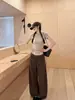 Moda Otoñal Suave Arroz Glutinoso Blanco Casual Pantalones de Pierna Ancha Bolsillos Frontales Pantalones de Caída Larga Pantalones Deportivos Rectos Holgados Adelgazantes
