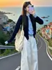 Jaqueta cardigan de tricô azul marinho com design falso de duas peças e mangas compridas para mulheres, nova moda outono 2026
