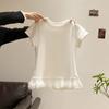 Camiseta feminina de manga curta estilo balé com costura de renda branca Shanli Dadi, primavera e verão