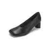 Primeira Camada Couro Bovino Salto Alto Grosso Moda Feminina Sapatos de Salto Único Outono Novo Couro Genuíno Bico Redondo Sapatos de Trabalho Profissionais Sapatos de Salto Baixo Único Femininos