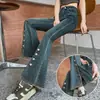 Jeans vintage micro-flare feminino outono fino 2024 novo cintura alta pequena fenda desfiada calça boca de sino