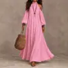 Ropa de mujer transfronteriza europea y americana, vestido largo suelto de color liso, hombros descubiertos, cuello alto, cuello halter, manga abullonada, adelgazante