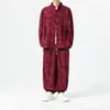 Conjunto Casual Masculino Outono/Inverno 2026 Veludo com Estampa de Folha de Bambu Gola Alta Retrô Solto Tamanho Plus Size Estilo Chinês Conjunto de Duas Peças