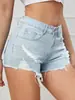 Suministro Exclusivo Transfronterizo de Shorts de Mezclilla Azules Claros Rasgados con Flecos de Tiro Bajo para Mujer, Pantalones Cortos Ajustados Versátiles para Chicas Atrevidas, Listos para Exportación