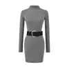 Vestido Estilo Deseo Puro con Cinturón, Vestido Bodycon Negro Sexy Ajustado de Manga Larga, Vestido Pegado a la Cadera Estilo Chica Caliente
