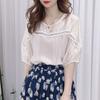 Camisa de Chiffon com Renda Spliced Manga Curta Estilo Hong Kong para Mulheres Verão 2025 Novo Estilo Francês Solta Efeito Emagrecedor Versátil Top Tendência