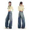 Jeans Largo Estilo Americano Azul Retrô para Mulheres 2026 Novo Outono Cintura Alta Solto Emagrecedor Bordado Calça Reta para Meninas Modernas