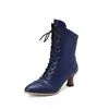 Novas Botas Curtas Femininas de Cadarço Estilo Europeu e Americano 2023, Botas Britânicas Martin com Salto Taça de Vinho, Bico Redondo, Cor Sólida, Tamanho Grande