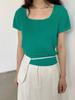 Evertrue 2024 Verão Estilo K Nova Camiseta de Cor Pura Feminina Solta Manga Curta Linho Gola Quadrada Top 65308