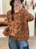 Outono 2026 Novo Cruzamento de Fronteira Algodão Vintage Solto Estampa Gola Redonda Simples Versátil Casual Suéter Cardigan para Mulheres