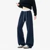 Calça moletom casual masculina com cós color block retrô americano, estilosa e descolada, modelagem solta, calças de perna reta levemente alargada com perna curva