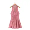Moda Feminina Transfronteiriça Outono 2025 Novo Vestido Curto Elegante e Estiloso Afinando a Cintura Vermelho Xadrez Decote Halter Costas Abertas